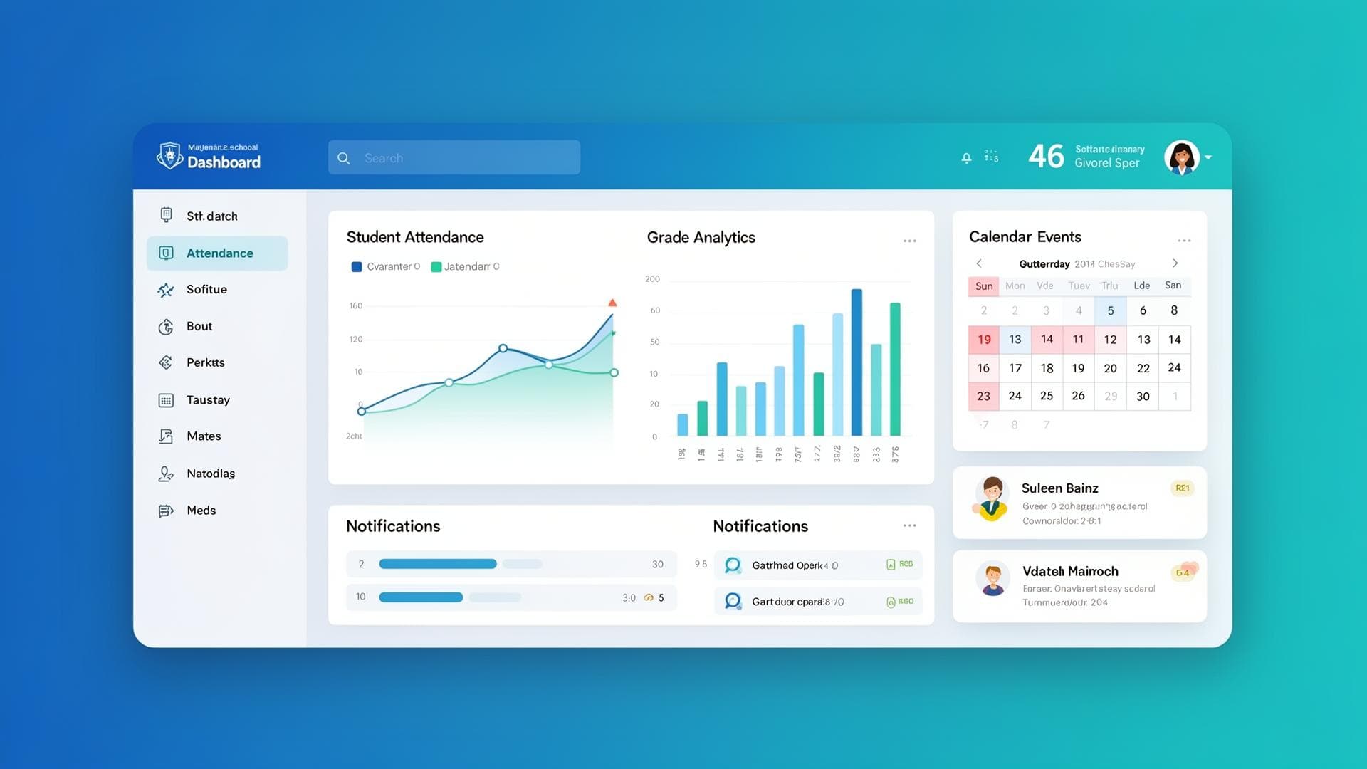 ShikshaCloud admin dashboard showing student attendance analytics, grade reports, calendar events, and notifications